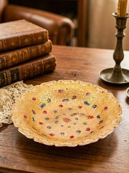 Floral Enameled Brass Plate with Scalloped Edge