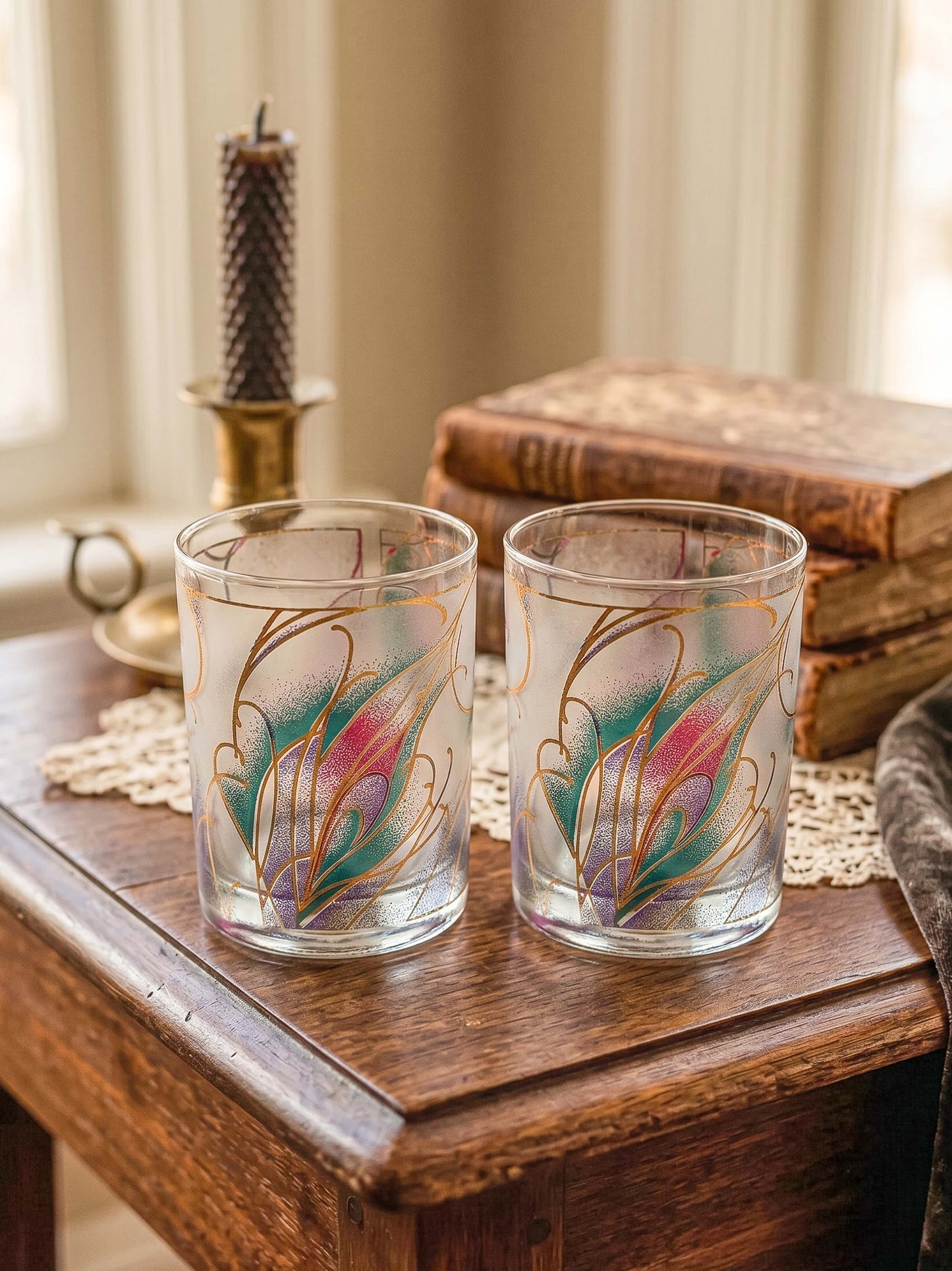Culver Abstract Floral 22k Gold Rocks Glasses — Set of 2