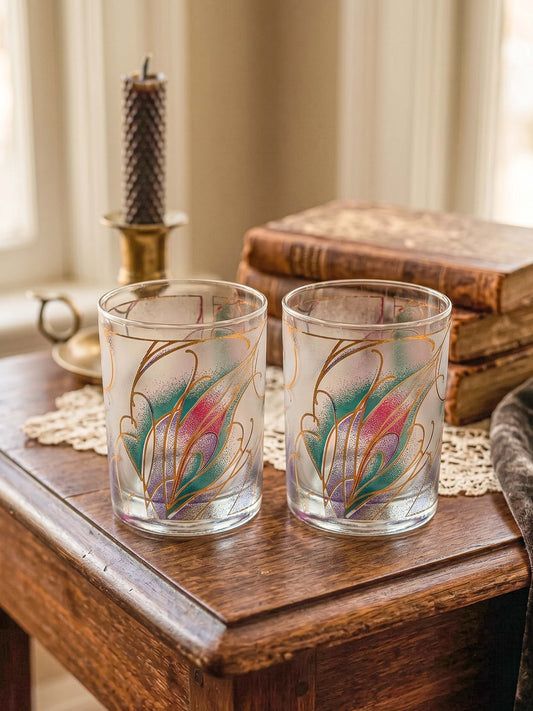 Culver Abstract Floral 22k Gold Rocks Glasses — Set of 2
