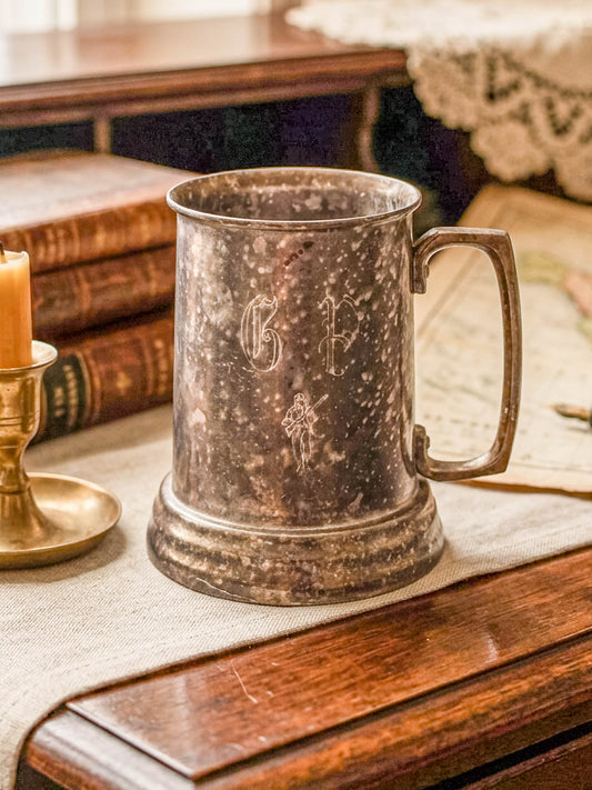 Vintage Metal Tankard Mug — Engraved Monogram GP, Clear Bottom, Made in Hong Kong