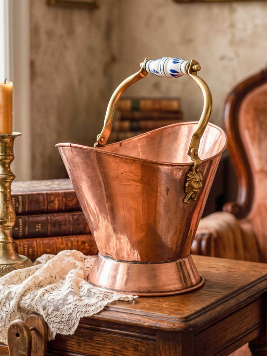 Copper and Brass Coal Scuttle with Porcelain Handle