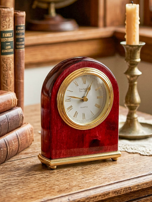 Vintage Danbury Mahogany Arch Desk Clock — Quartz, Gold-Tone Brass Base