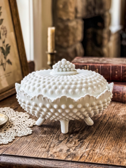 Oval White Hobnail Milk Glass Footed Covered Dish