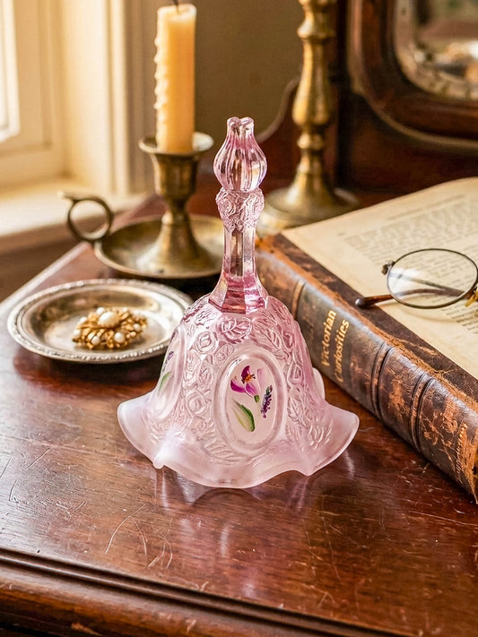 Fenton Bell – Pink Opalescent, Embossed Floral Cameos, Hand Painted Florals, Ruffled