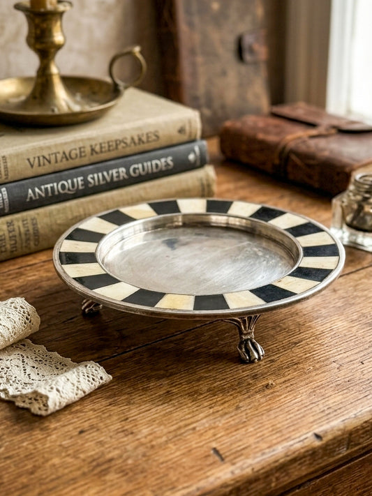Vintage Silver Plate Footed Dish – Black & Bone Inlay