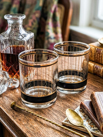 Culver "Devon" Black & 22k Gold Lowball Whiskey Glasses — Set of 2