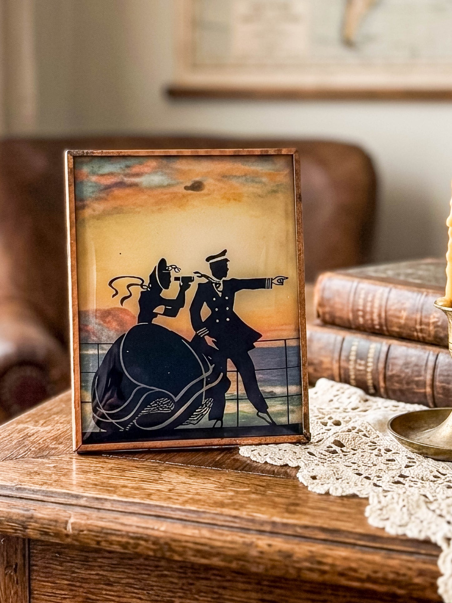 Vintage Reverse-Painted Bubble Glass Silhouette Picture — Nautical Romantic Scene