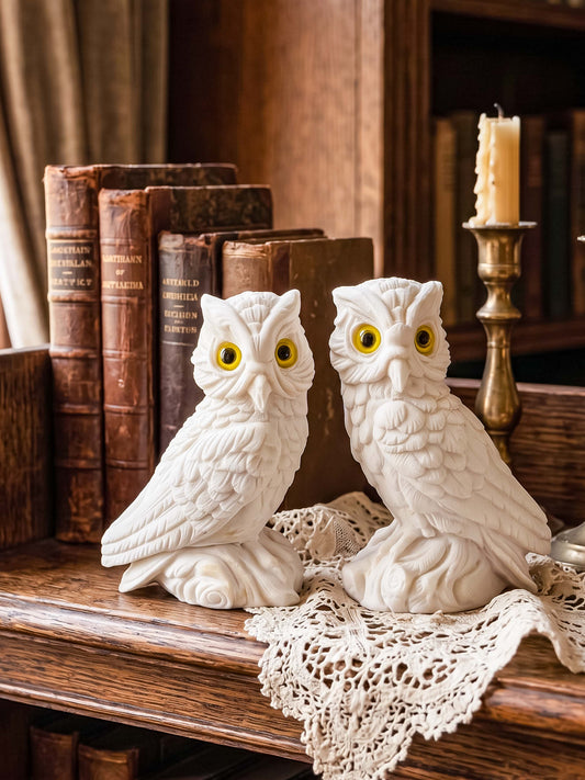 Pair of Vintage White Bisque Ceramic Owl Figurines with Yellow Eyes