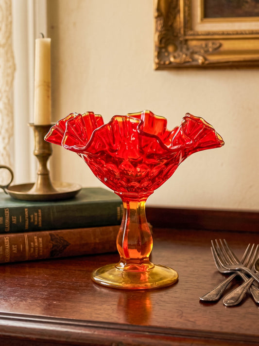 Fenton Amberina Glass Ruffled Compote – Thumbprint Pattern, Ruby to Amber, c. 1960s–70s
