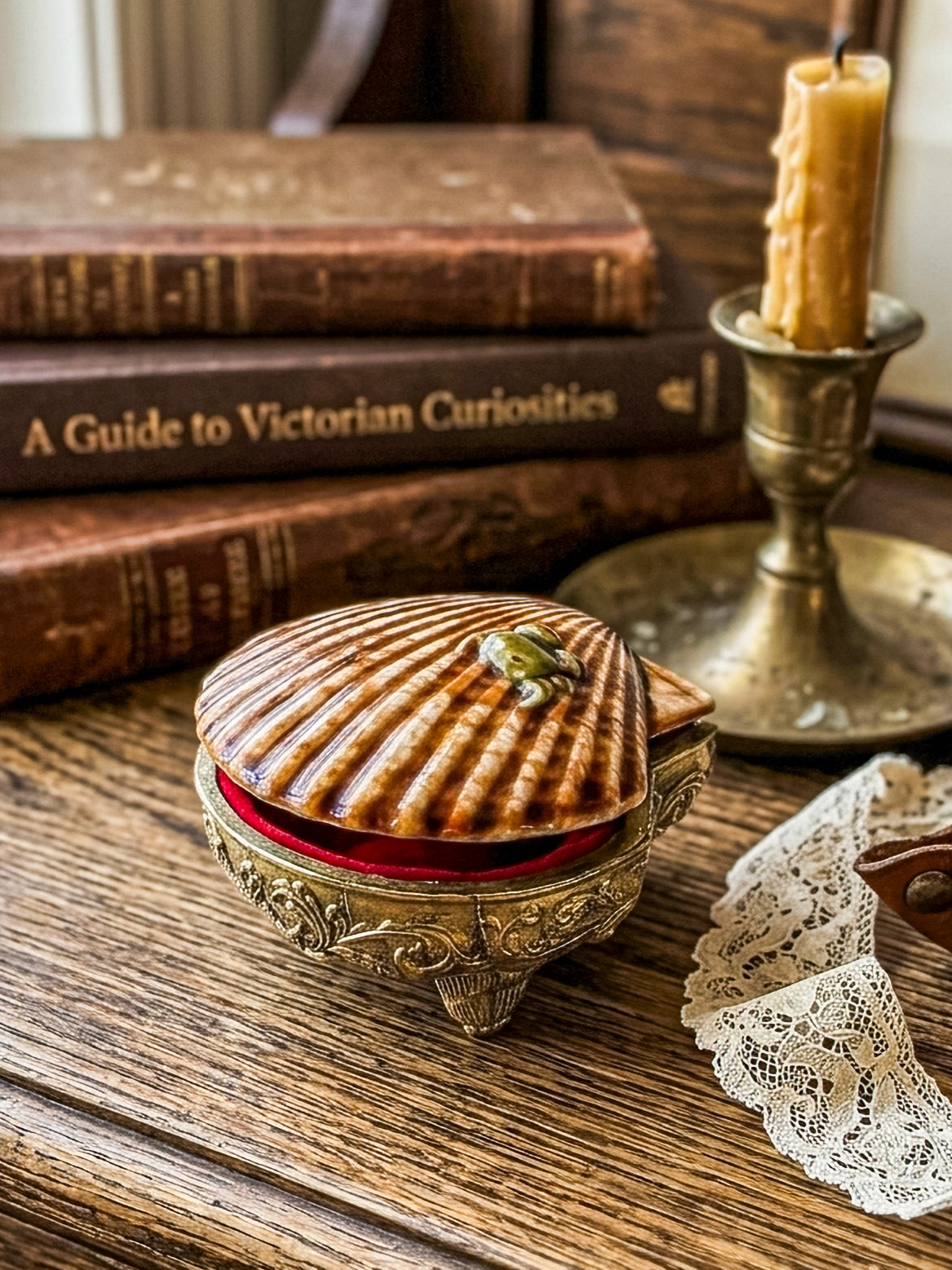 Vintage Brass Metal Base Ceramic Shell Trinket Box | Hinged Lid with Crab | Coastal Jewelry Box