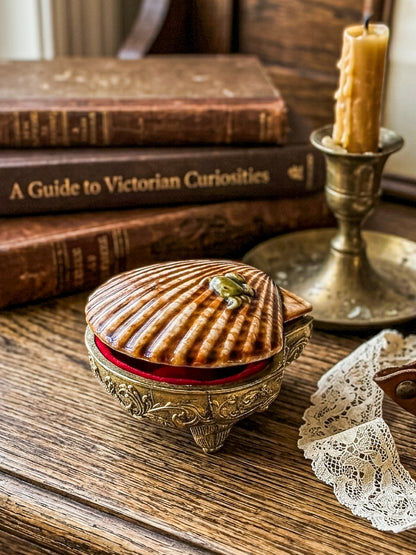 Vintage Brass Metal Base Ceramic Shell Trinket Box | Hinged Lid with Crab | Coastal Jewelry Box