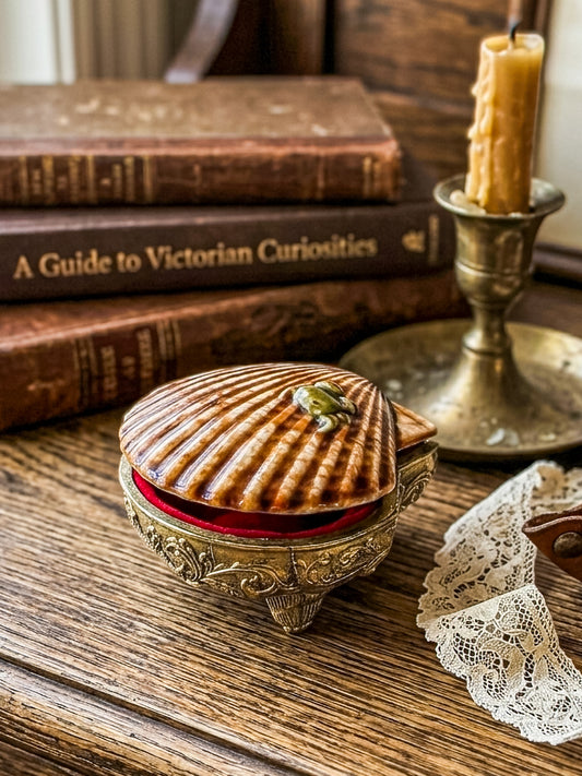 Vintage Brass Metal Base Ceramic Shell Trinket Box | Hinged Lid with Crab | Coastal Jewelry Box