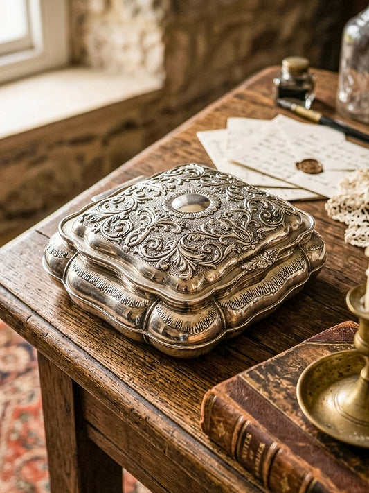 Vintage Ornate Silverplate Jewelry Casket Box | Red Velvet Lined Keepsake Vanity Box