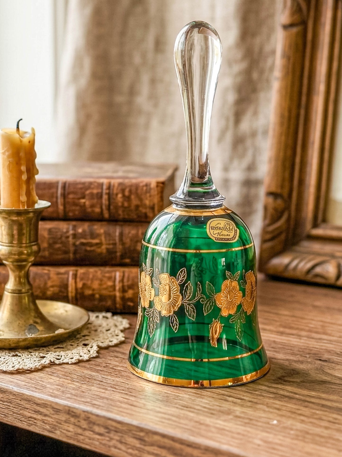 Bohemia Glass Emerald Green Decorative Bell – Gold Floral, Made in Czechoslovakia