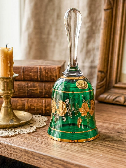 Bohemia Glass Emerald Green Decorative Bell – Gold Floral, Made in Czechoslovakia