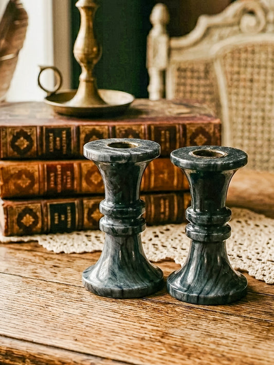 Vintage Black Marble Candlesticks - Pair