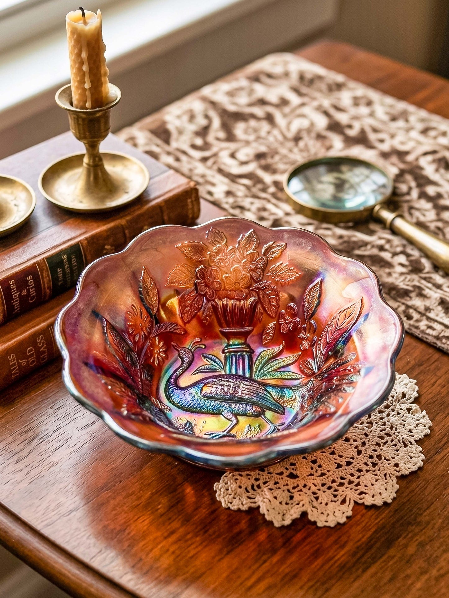 Millersburg Peacock Berry Bowl | No Bee | Red Amberina Carnival Glass | Early 1900s