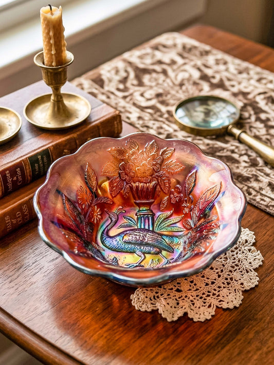 Millersburg Peacock Berry Bowl | No Bee | Red Amberina Carnival Glass | Early 1900s