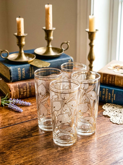 Culver "Ice Flower" Calla Lily 22k Gold Highball Glasses — Set of 4