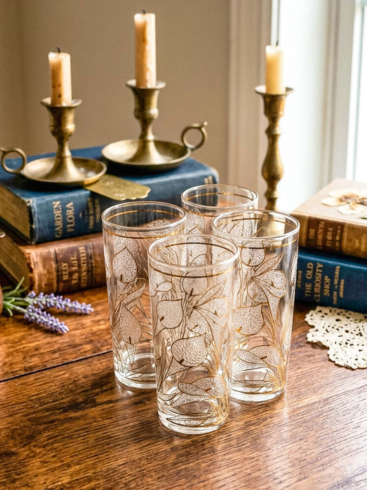 Culver "Ice Flower" Calla Lily 22k Gold Highball Glasses — Set of 4