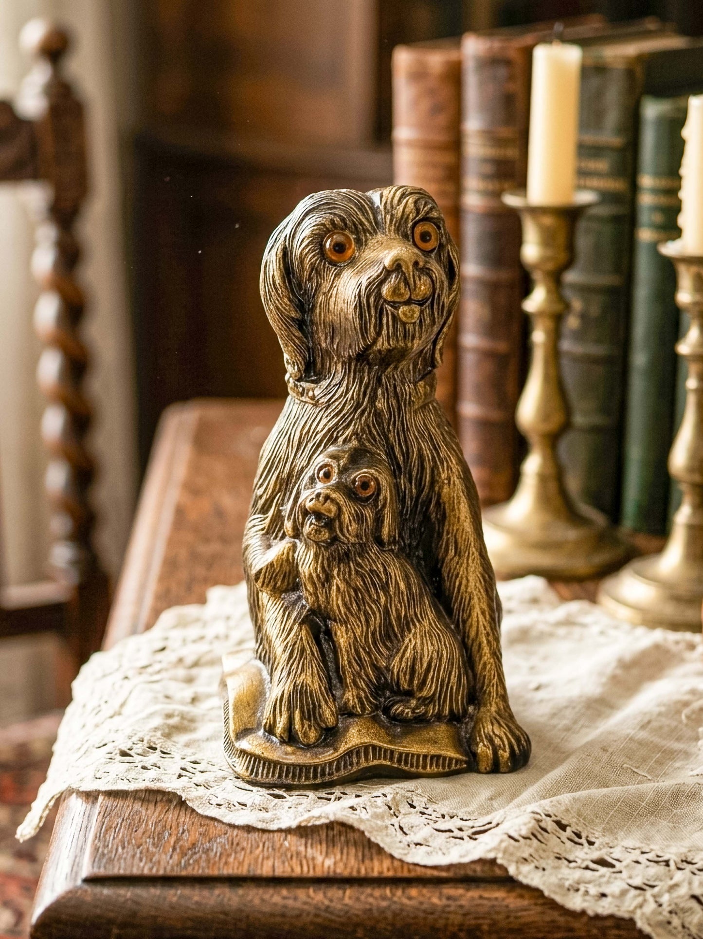 Vintage Bronze-Tone Dog & Pup Figurine with Orange Eyes — Hollow Base