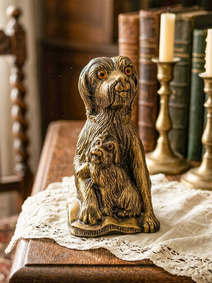Vintage Bronze-Tone Dog & Pup Figurine with Orange Eyes — Hollow Base