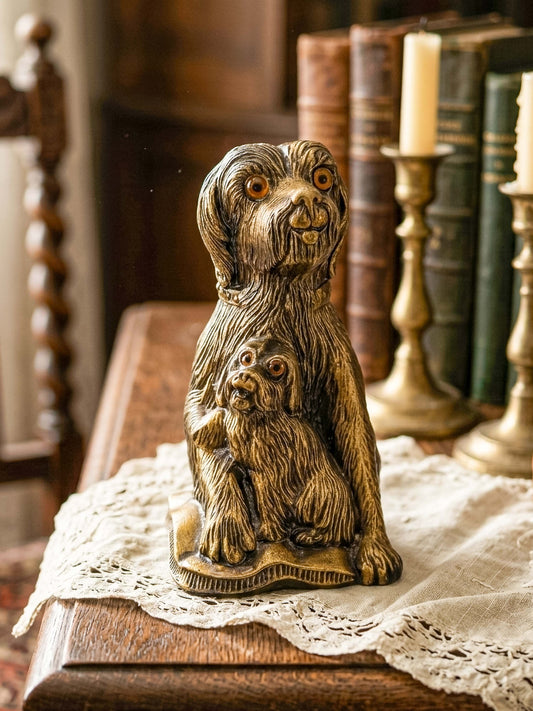 Vintage Bronze-Tone Dog & Pup Figurine with Orange Eyes — Hollow Base