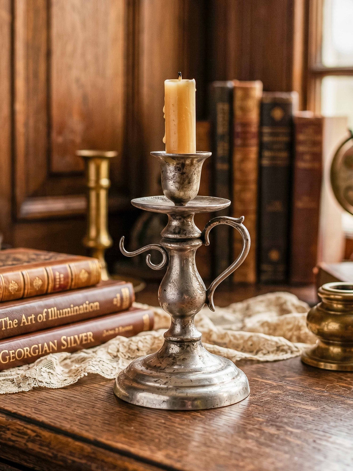 Pewter Repro Works 1995 Colonial Style Handled Chamberstick Candleholder