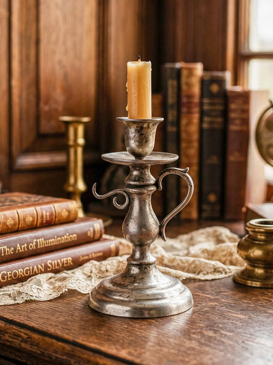 Pewter Repro Works 1995 Colonial Style Handled Chamberstick Candleholder