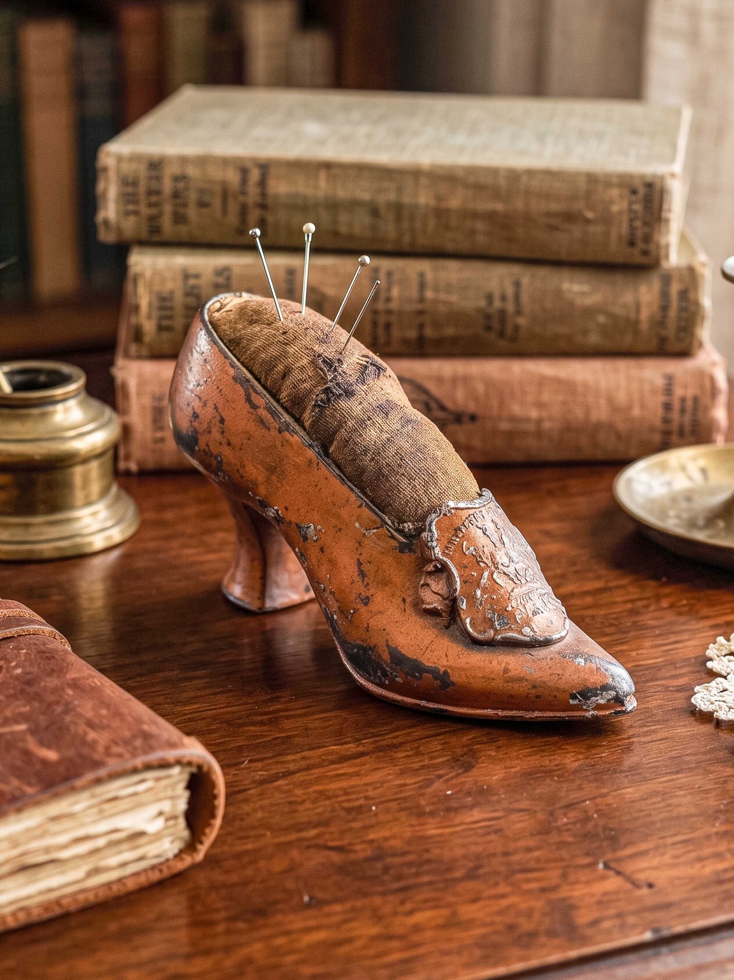 Antique Miniature Shoe Pin Cushion with Embossed Medallion