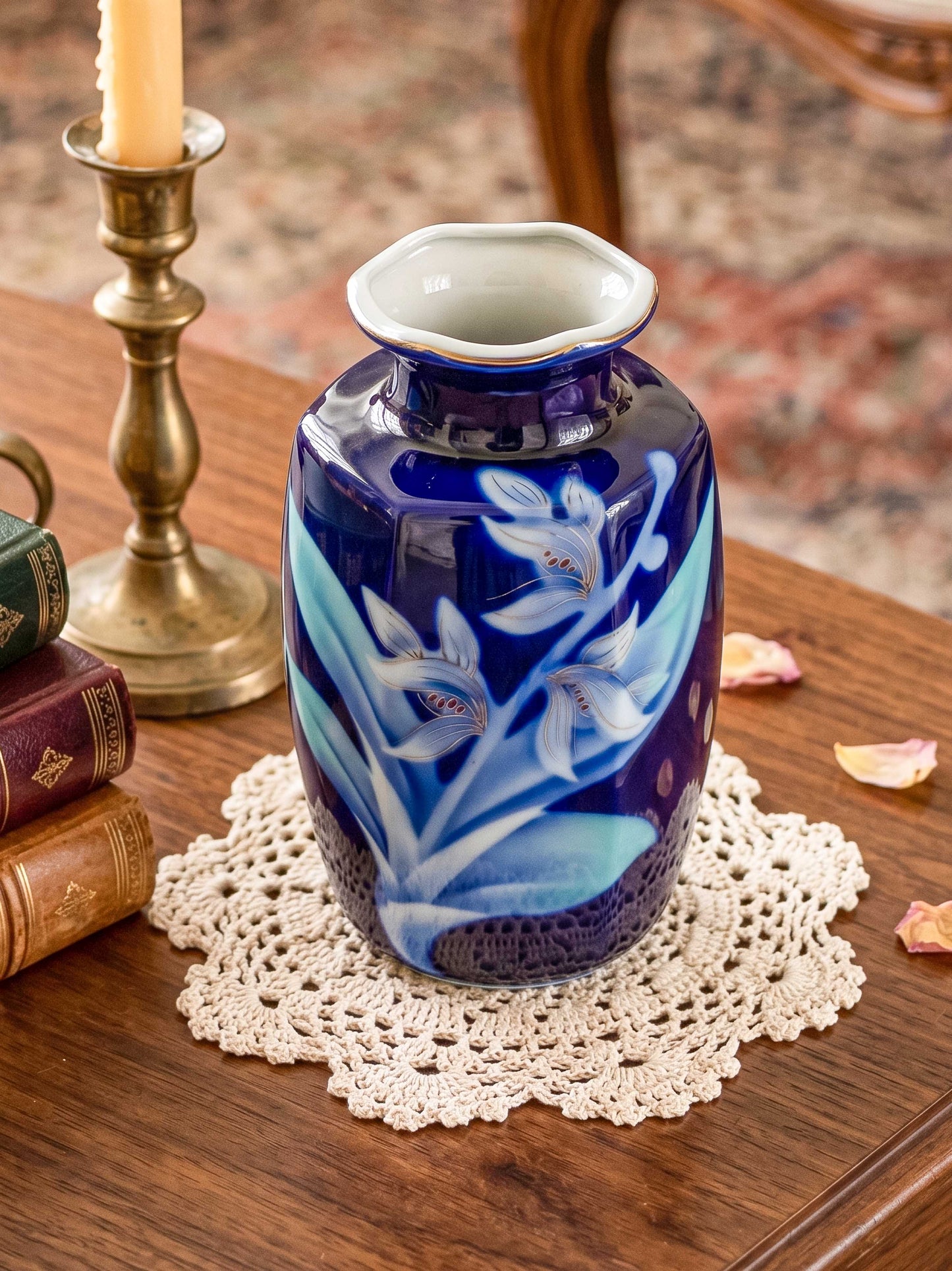 Hand-Painted Porcelain Cobalt Blue Floral Vase