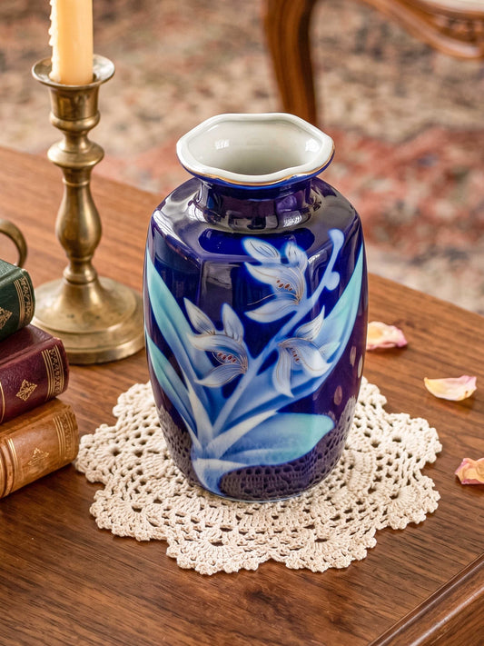 Hand-Painted Porcelain Cobalt Blue Floral Vase