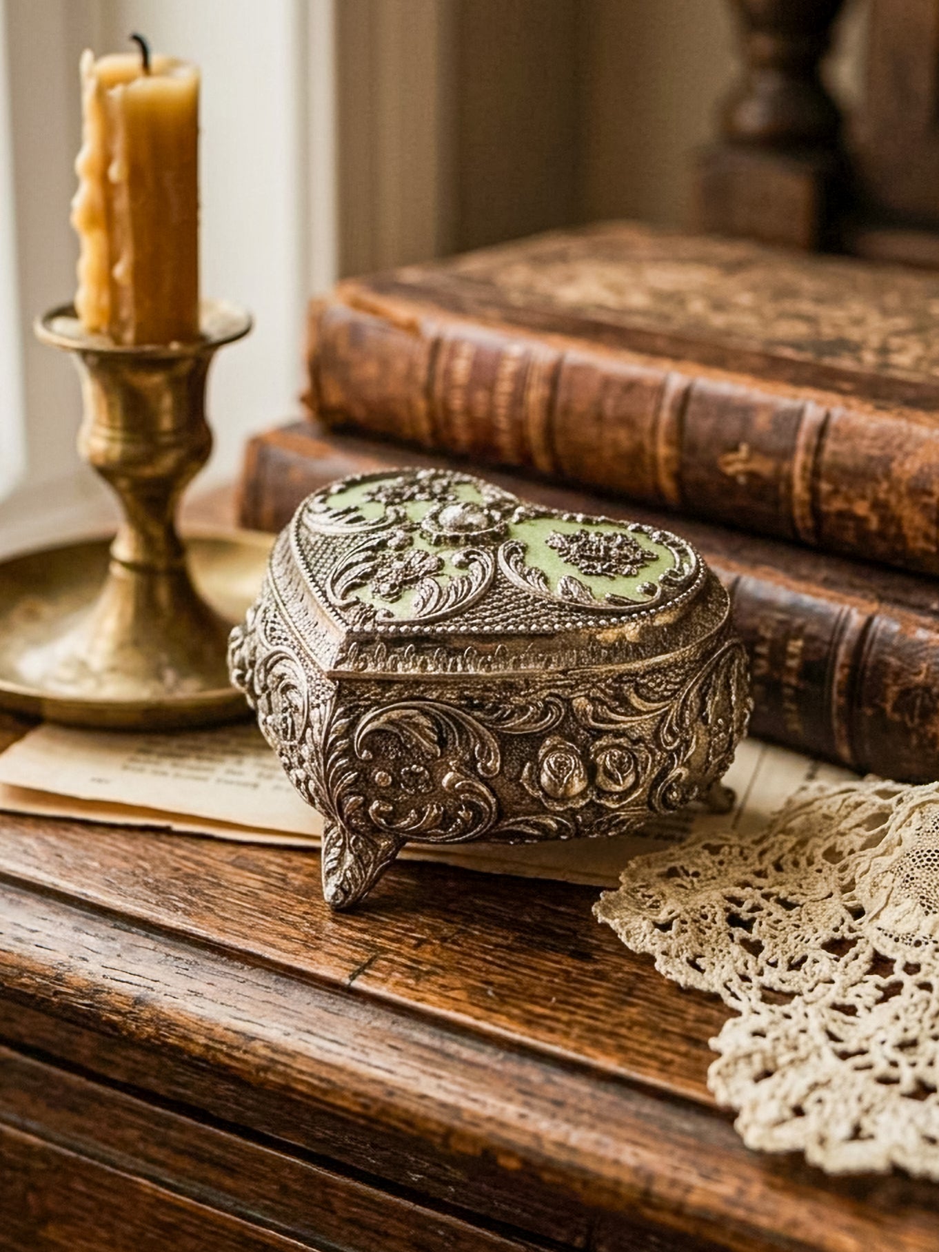 Vintage Silver Plated Embossed Heart Shaped Jewelry Or Trinket Box