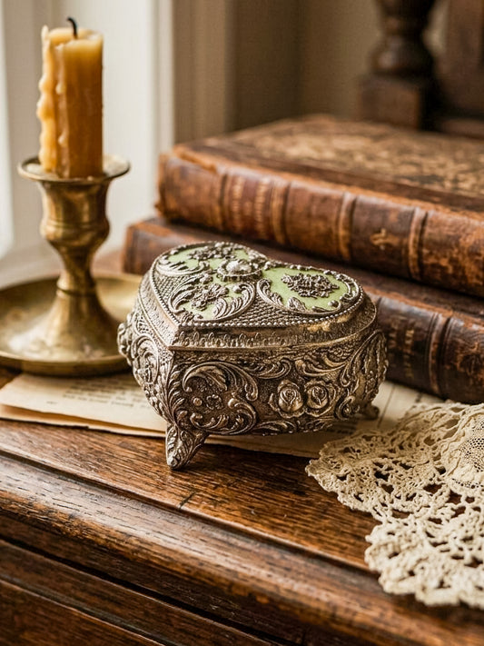 Vintage Silver Plated Embossed Heart Shaped Jewelry Or Trinket Box