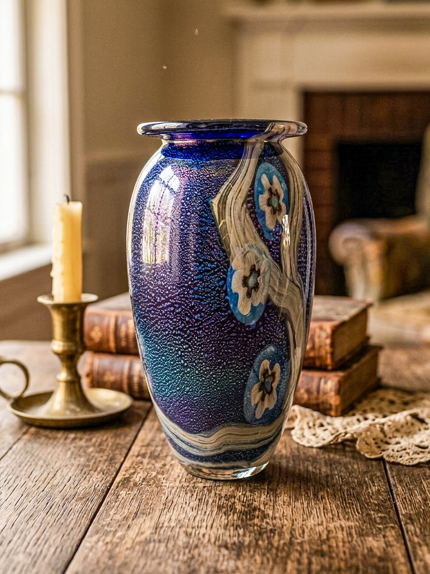 Eickholt Blue Dichroic Anemone Art Glass Vase | Signed Studio Art Glass | Iridescent Glass Vase