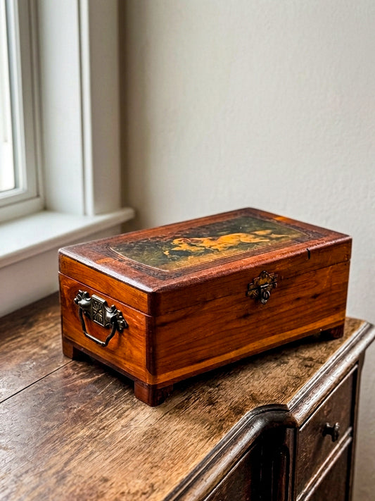 Antique Victorian Wooden Keepsake Box – Spaniel Dog Decoupage Lid