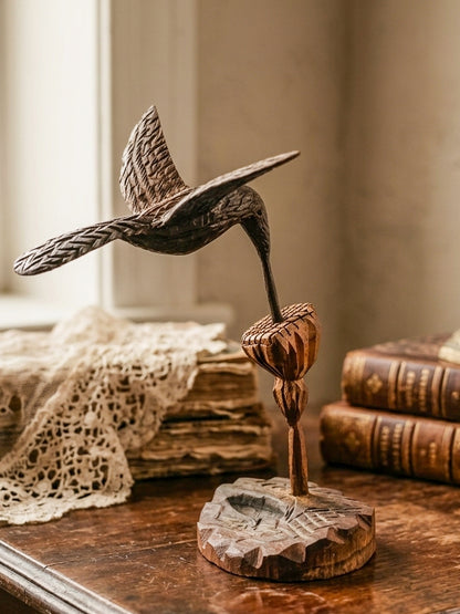 Hand-Carved Wood Hummingbird Sculpture – Folk Art Bird Figurine