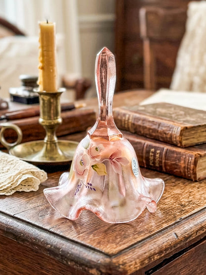 Fenton Bell – Pink Frosted Iridescent (Rich Peach), Hand Painted Roses, Artist Signed