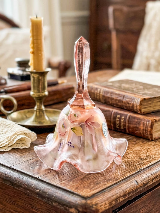 Fenton Bell – Pink Frosted Iridescent (Rich Peach), Hand Painted Roses, Artist Signed