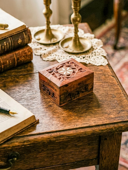 Vintage Carved Wood Trinket Box — Floral Relief & Inlay Lid, Blue Velvet Interior