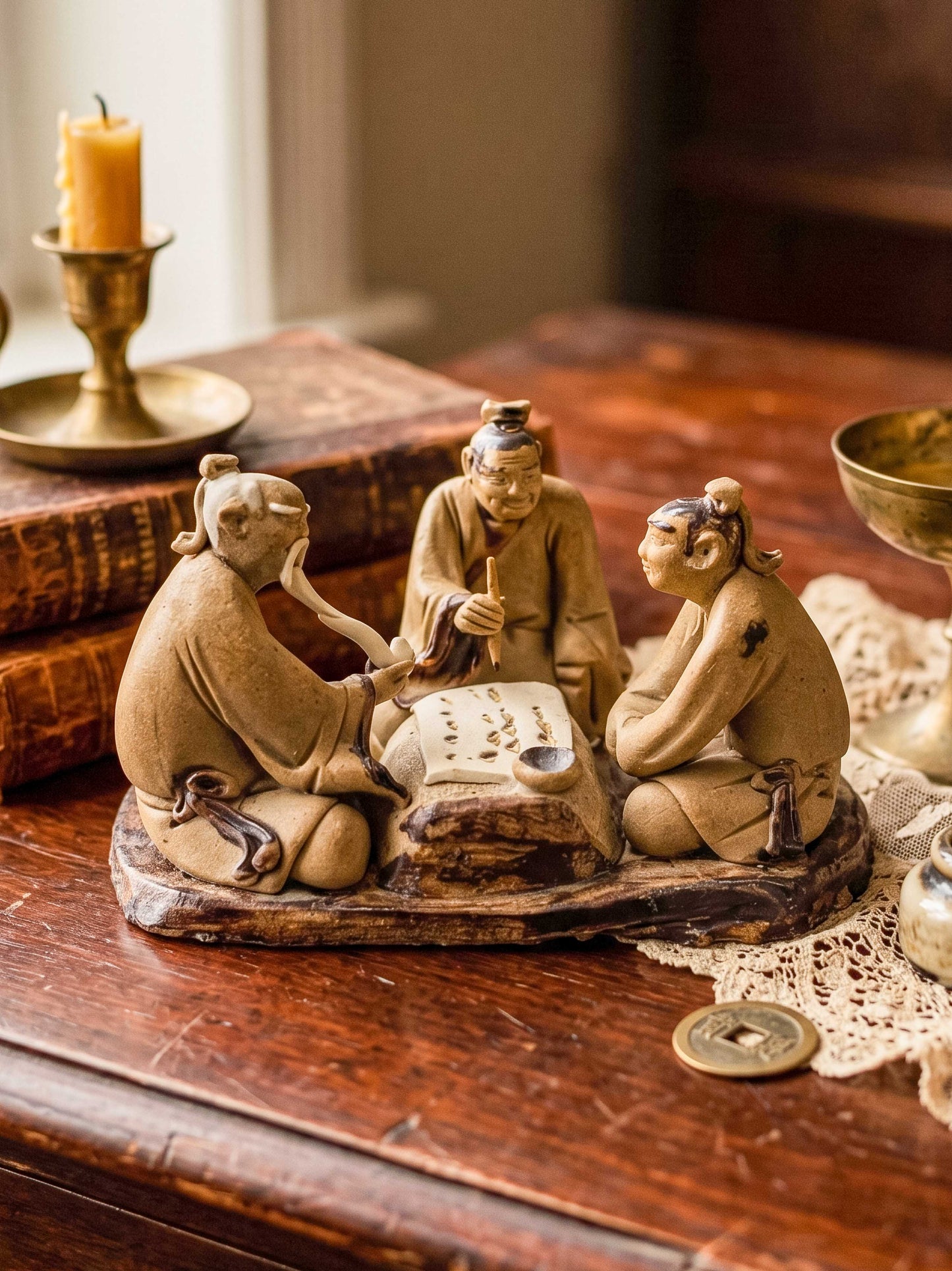 Vintage Chinese Mudman Figurine Group — Three Scholars Playing Go