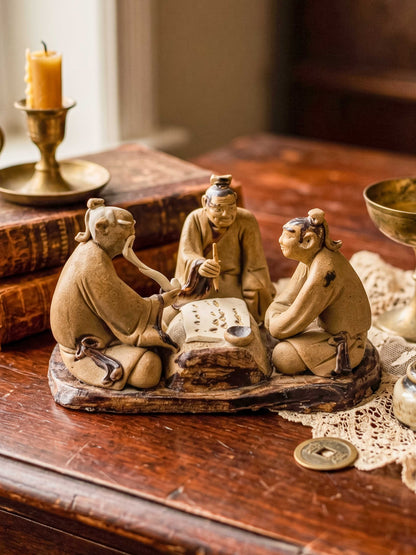 Vintage Chinese Mudman Figurine Group — Three Scholars Playing Go