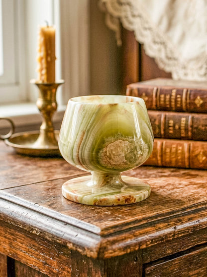 Green Banded Onyx Mini Goblet – Hand-Carved Stone, Tulip Bowl, Disc Base