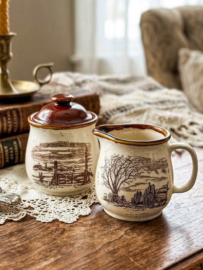 Vintage Enesco Sky & Plains Sugar Bowl & Creamer Set