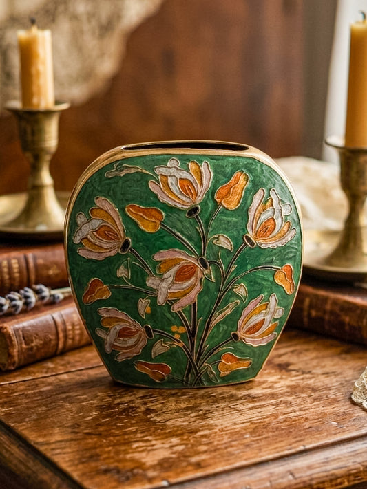Vintage Hand Painted Enamel Brass Vase | Cloisonné Style Floral Tulip Vase | Green Enamel Brass Decor