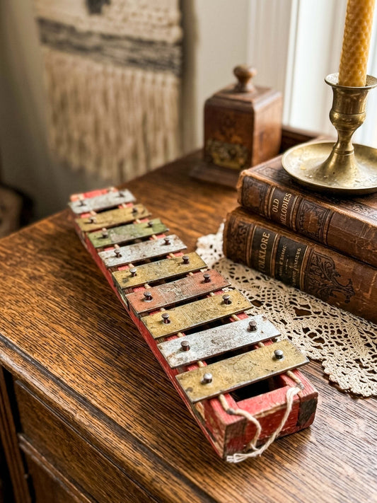 Vintage Miniature Xylophone — Floral Folk Instrument