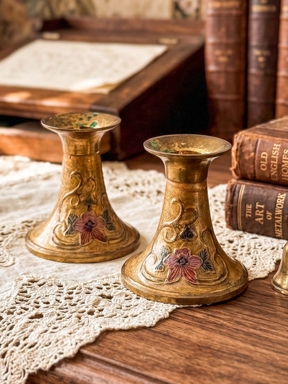 Vintage Penco Industries Brass Cloisonne Enamel Candle Holders