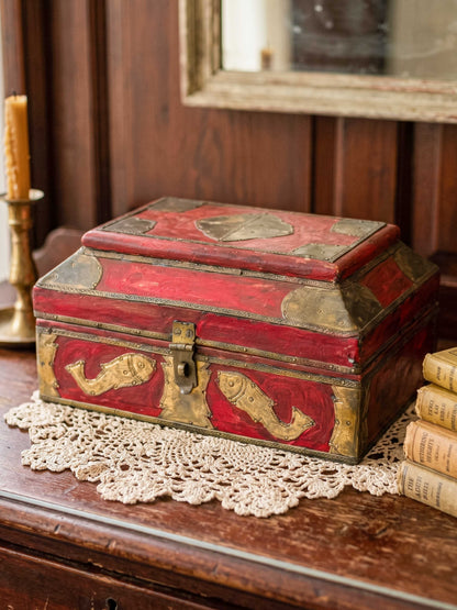 Vintage Indian Brass-Fitted Red Lacquered Wooden Box