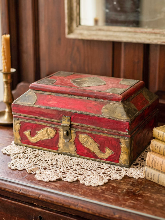 Vintage Indian Brass-Fitted Red Lacquered Wooden Box