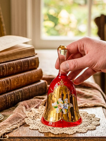 Murano Glass Bell – Ruby Red with 24K Gold & Hand-Painted Enamel Floral